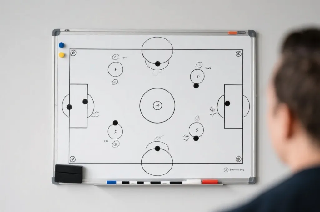 A clean tactical board showing football formations and strategy drawings, modern editorial style